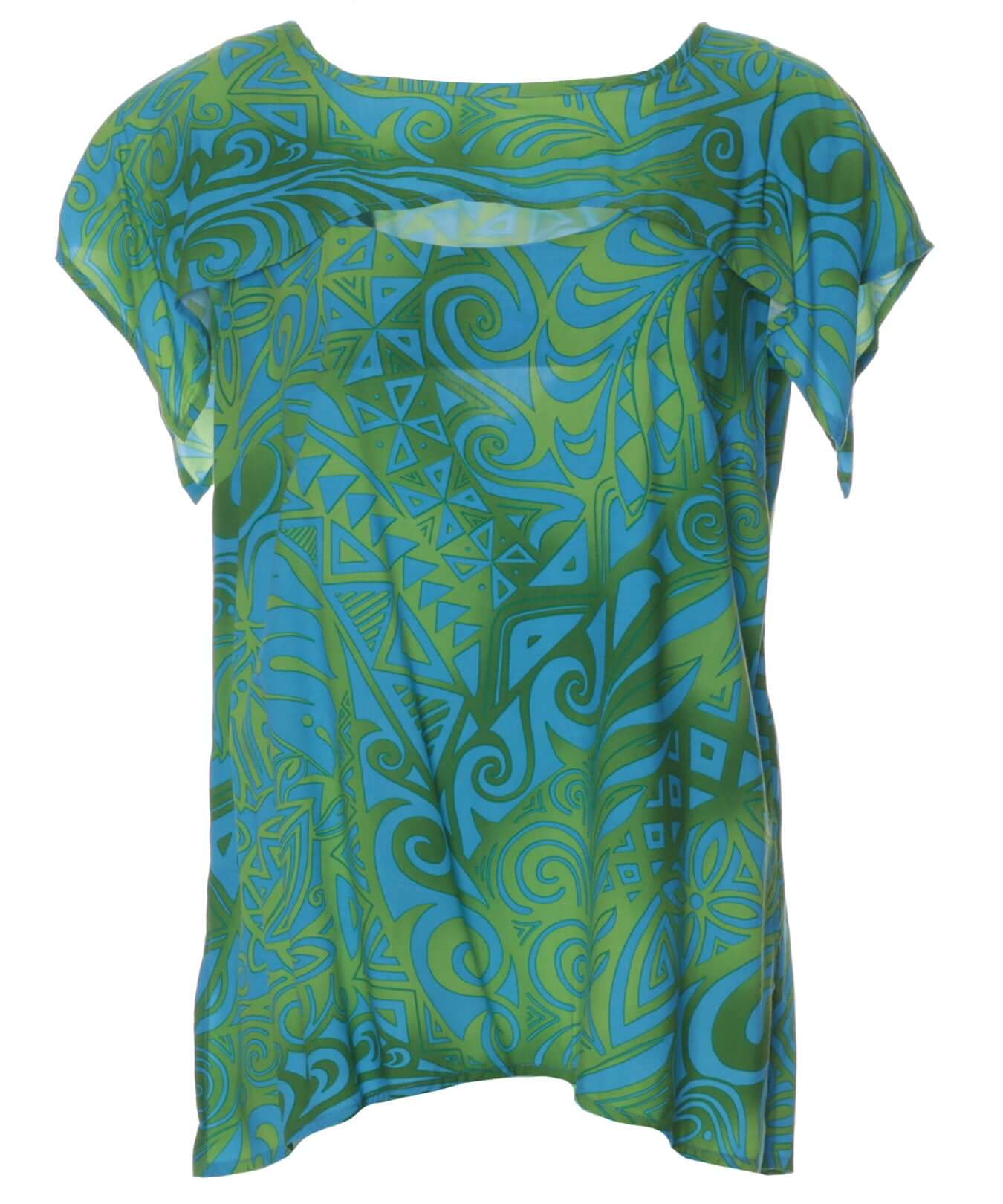 Rayon Front Cutout Tribal Jewel Neckline Short Sleeve Blouse