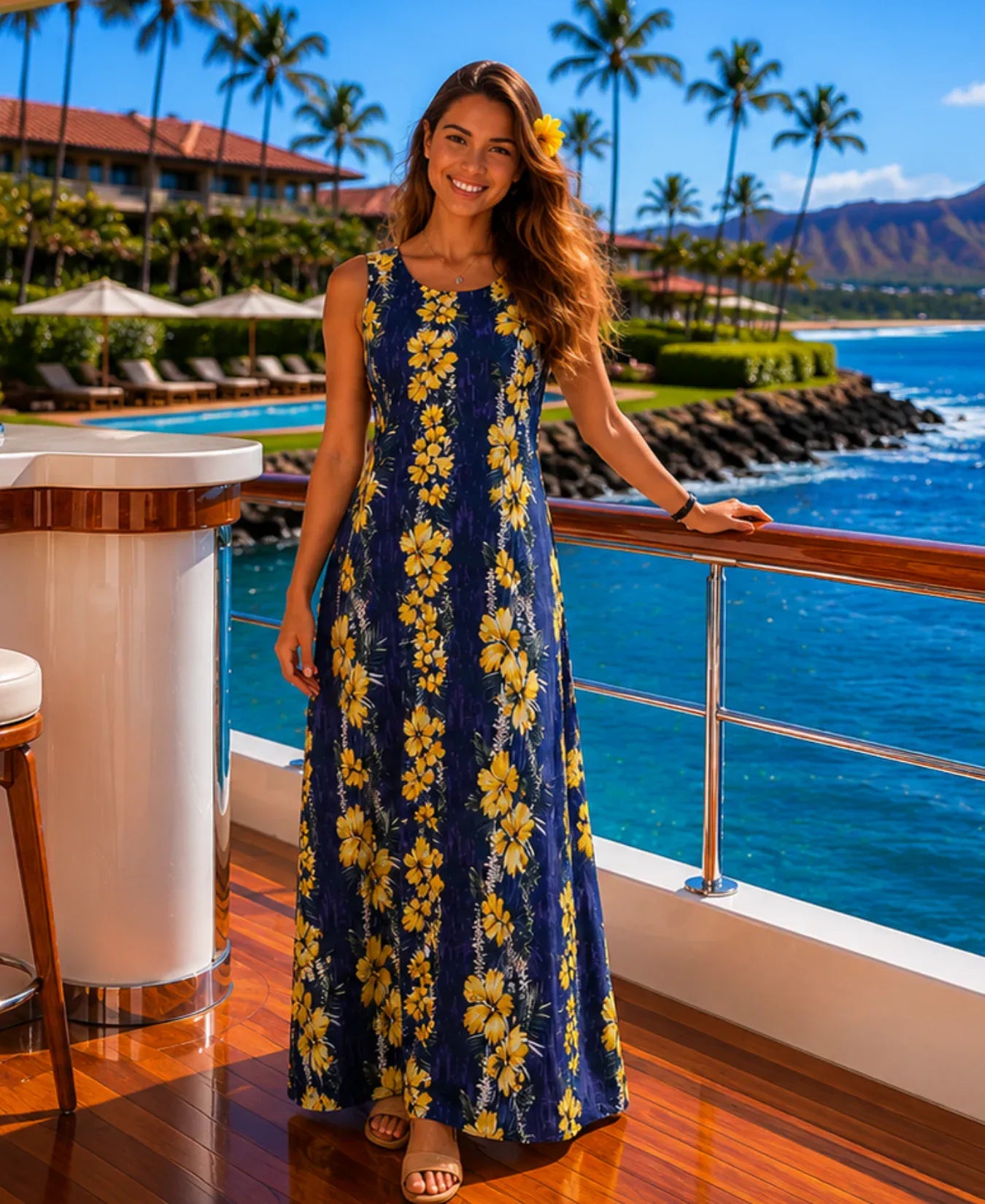 Long Maxi Cocktail Cotton Hawaiian Dress Navy
