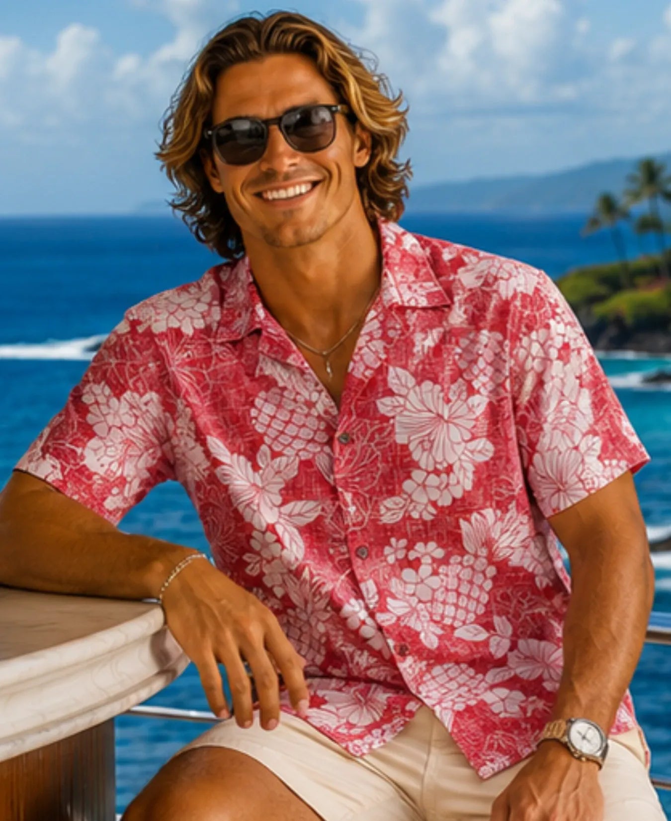 Men Pineapple Cotton Aloha Shirt Red