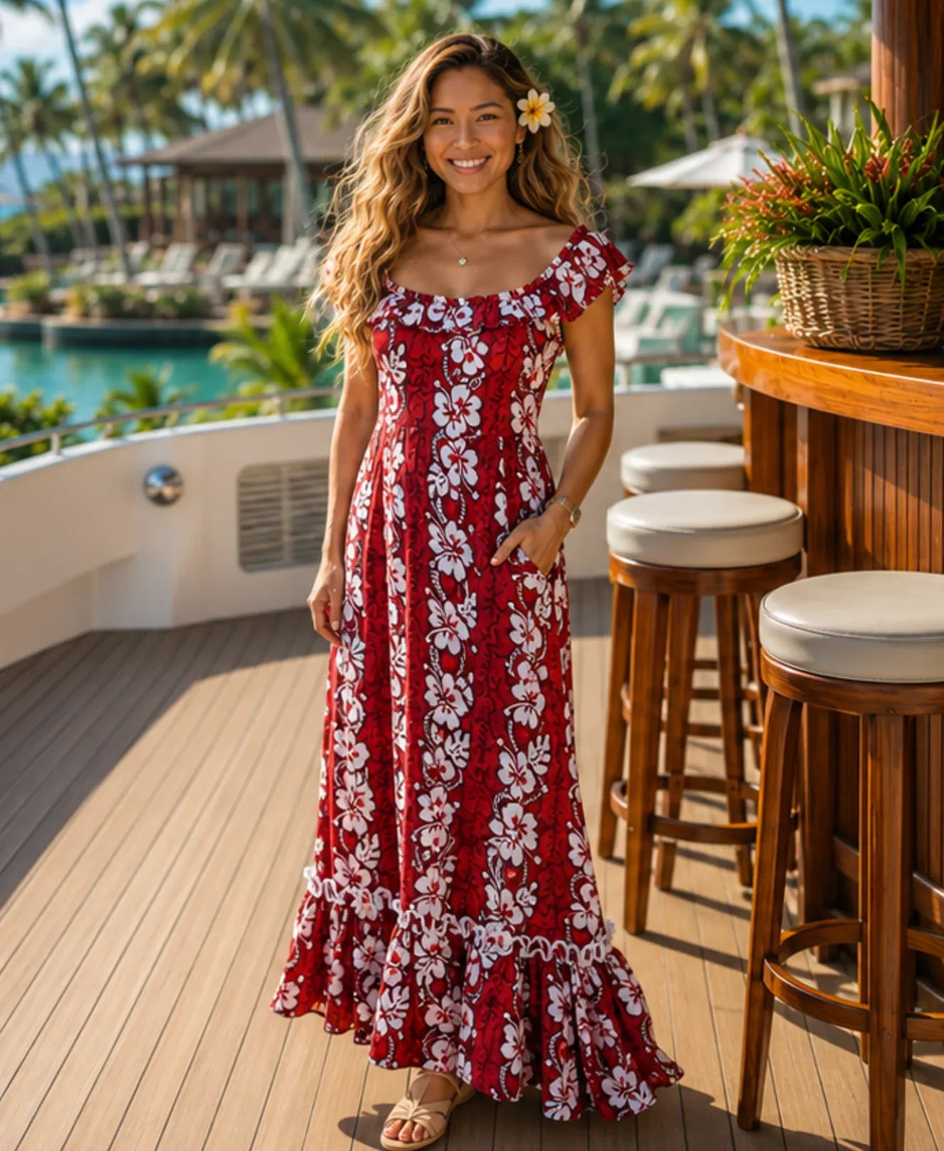 Molokai Hibiscus Long Hawaiian Muumuu Red