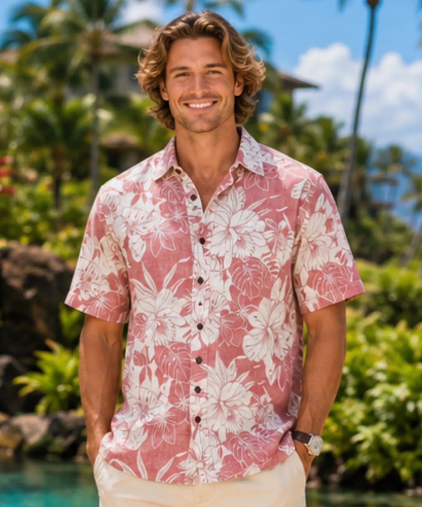 Monstera Men's Hawaiian Dress Up Shirt Red