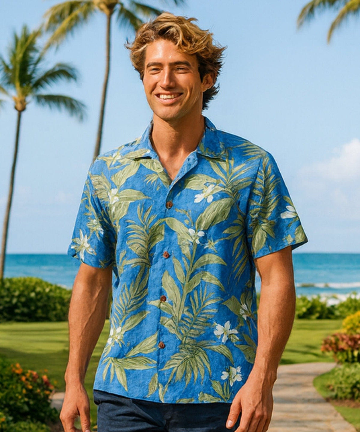 LA LEELA Men's Hawaiian Shirt - Tropical Aloha Shirt With Palm Tree Print, Azure Blue, Size M - View #10