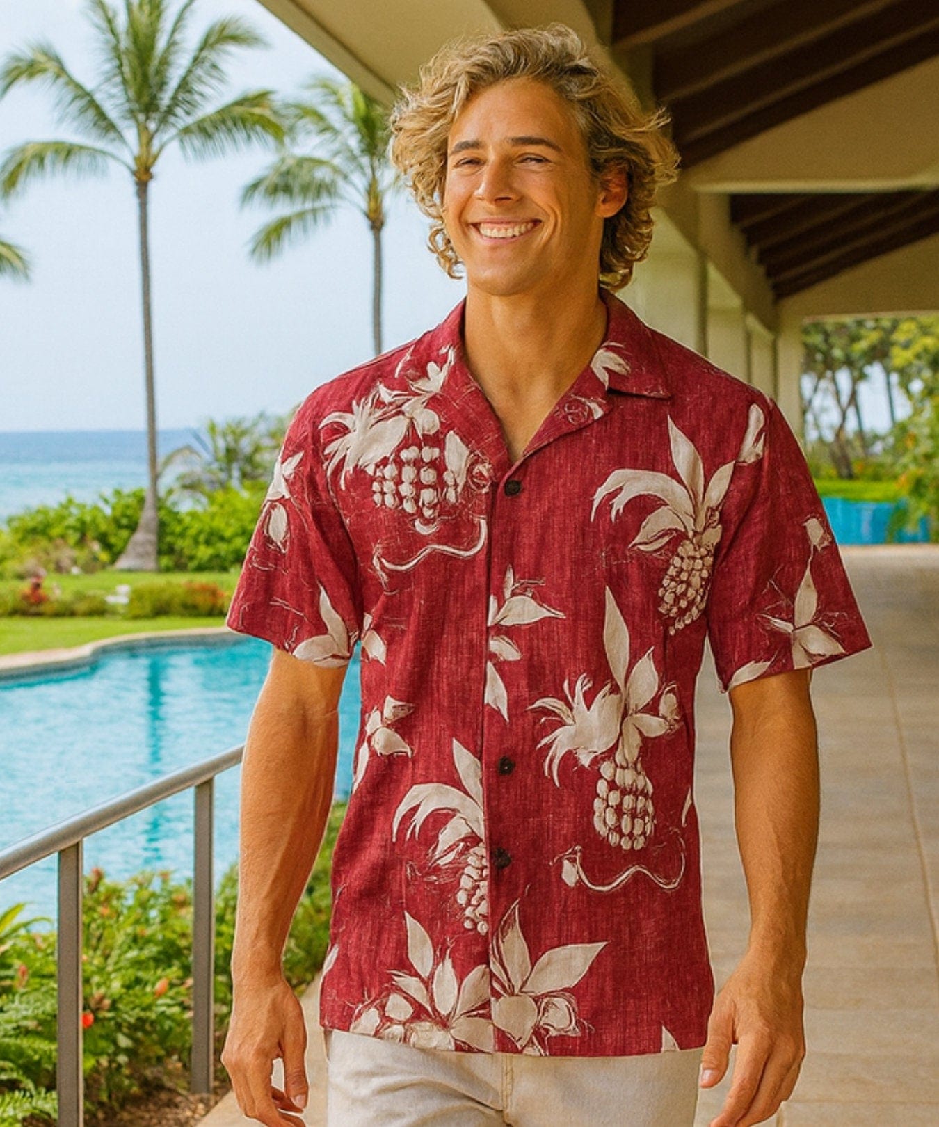 Ukuleles Reverse Fabric Aloha Shirt Burgundy