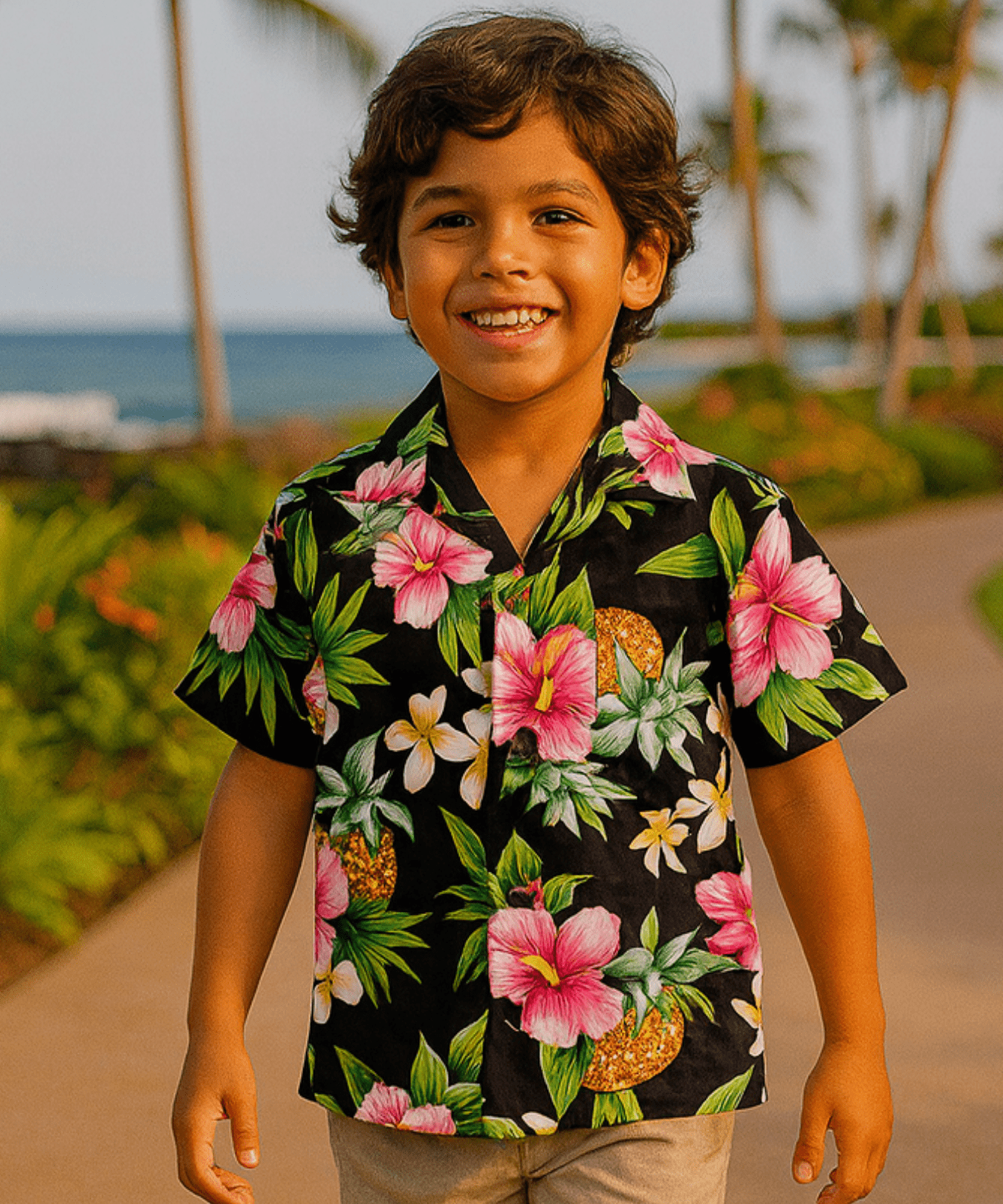 Hibiscus Valley Cotton Boys Aloha Shirt Black