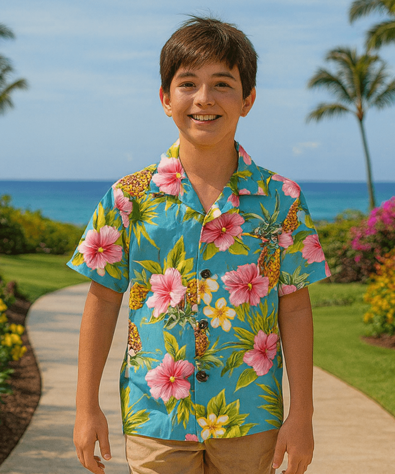 Hibiscus Valley Cotton Boys Aloha Shirt Teal