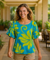 Double Ruffle Layered Rayon Blouse Ocean Blue