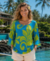 Rayon 3/4 Cascade Ruffle Bell Sleeves Blouse Ocean Blue