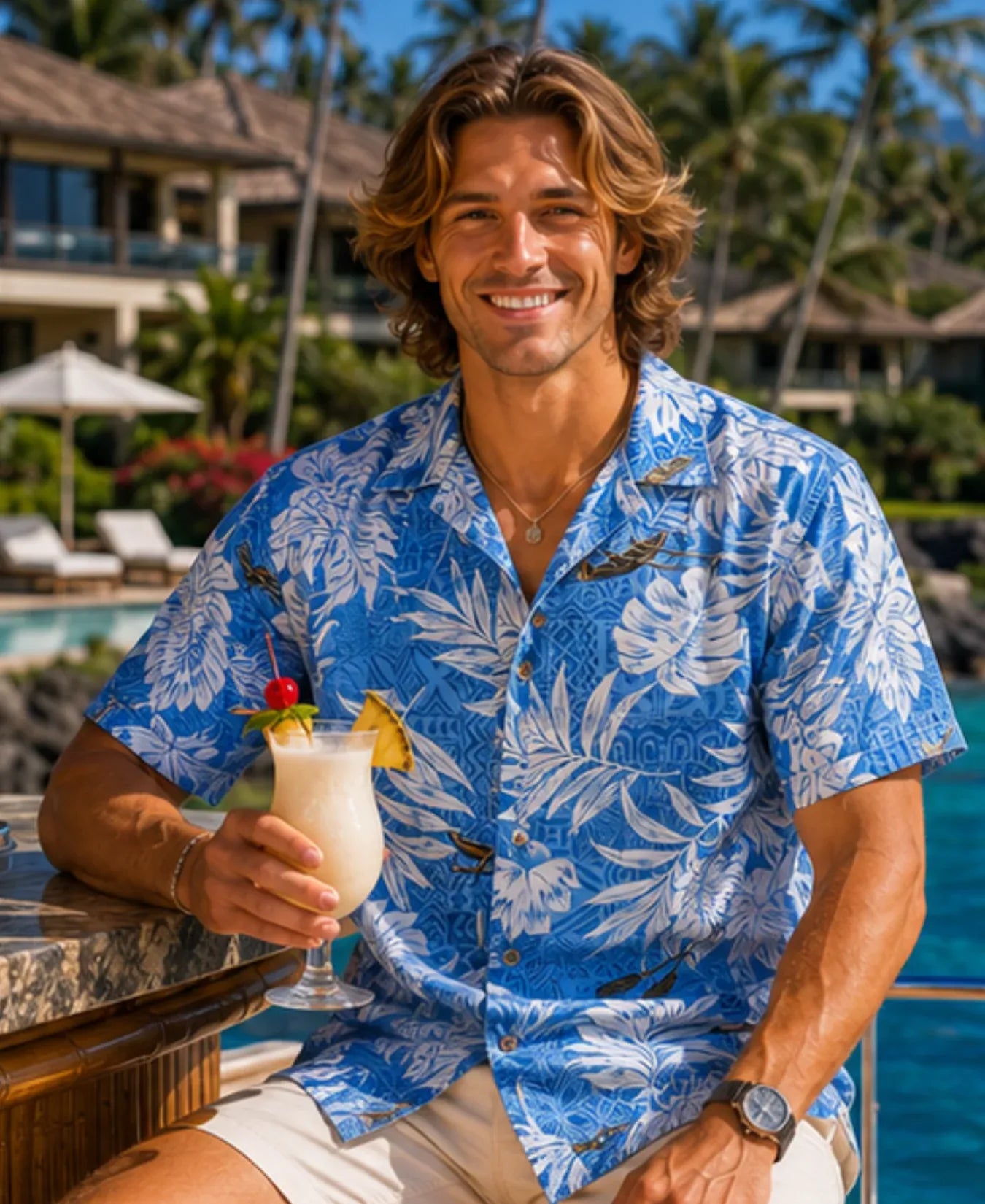 Relax Fit Polycotton Outrigger Hawaiian Shirt Sky Blue