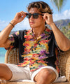 Retro Anthurium Panel Rayon Hawaiian Shirt Midnight