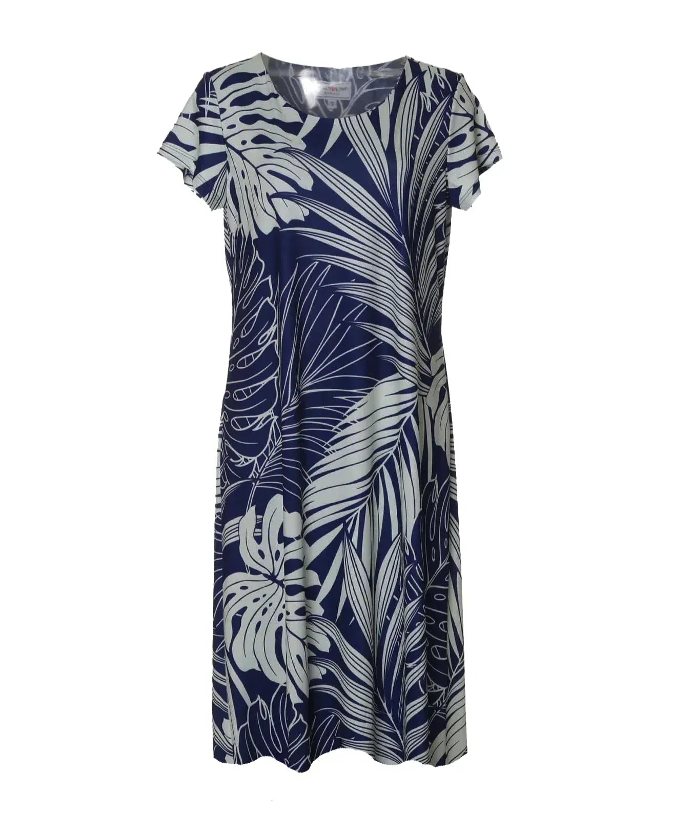 Short Sleeves Monstera Navy Hawaiian Knit Dress