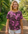 Hibiscus Dolman Sleeve Slit Ladies Aloha Shirt Brown