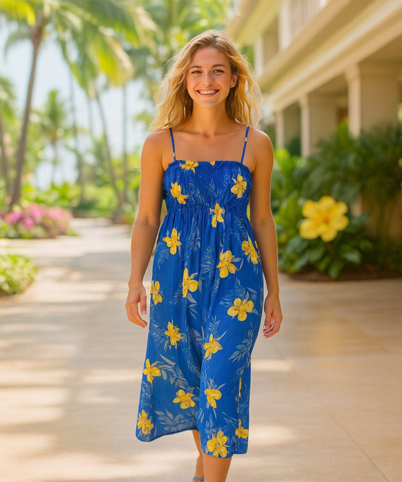 Keilani Smock Tube Top Hawaiian Dress Royal Blue One Size Fits Most XS-XL