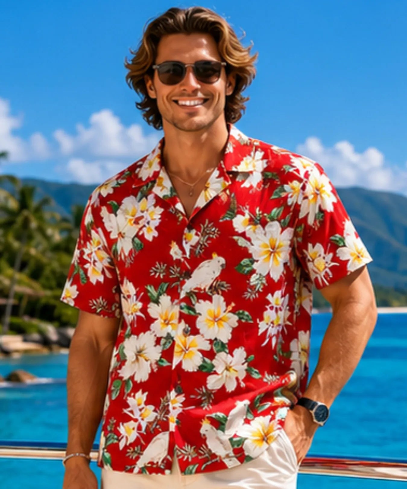 Short Sleeves Cockatoos Cotton Poplin Hawaiian Shirt Red