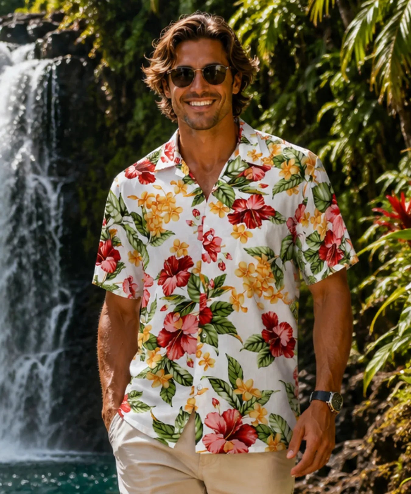 Kimo Short Sleeve Men Rayon Tropical Aloha Shirt White