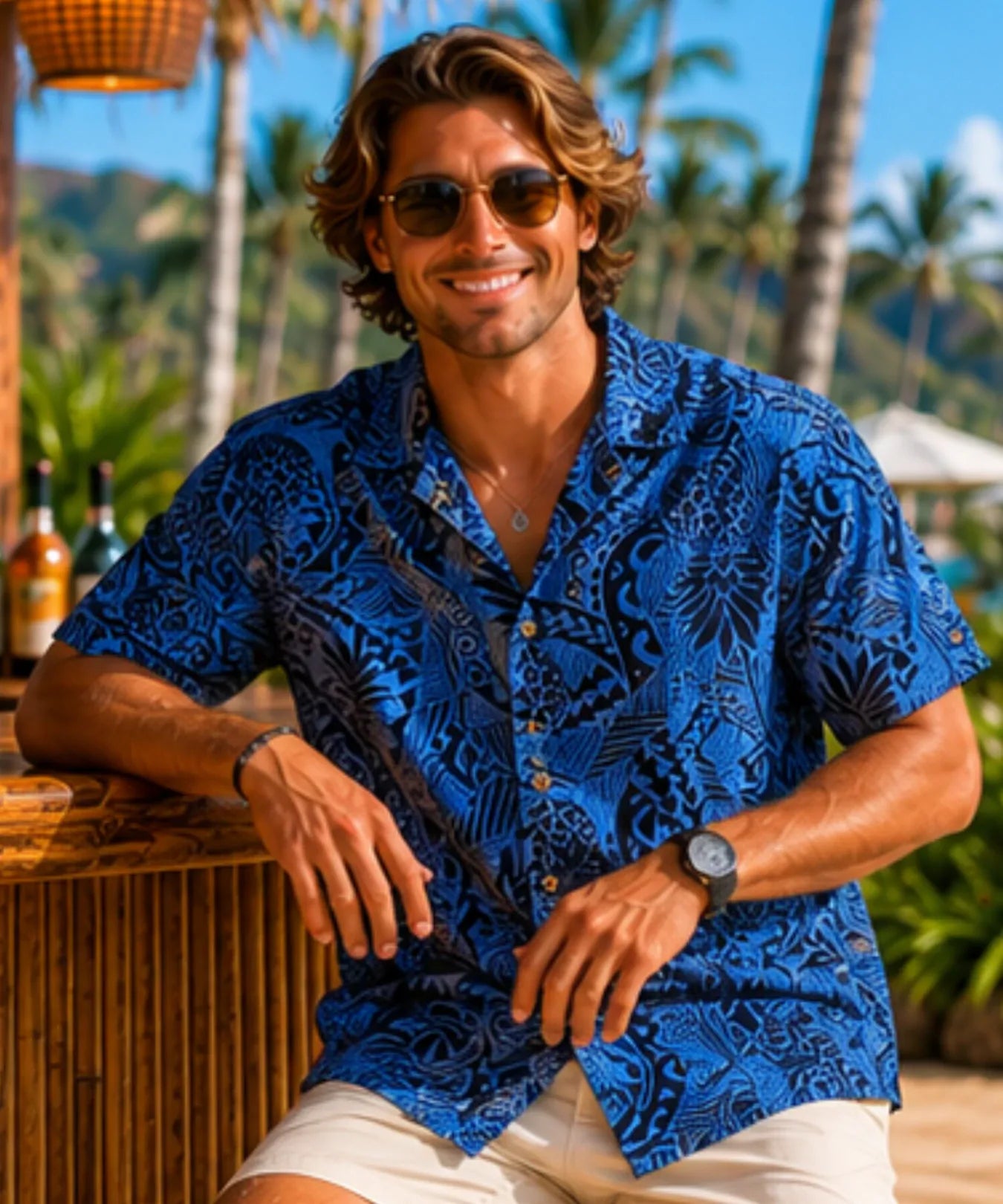 Short Sleeves Tribal Pineapple Hawaiian Shirt Blue