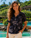 Short Sleeves Women Camp Hawaiian Blouse Black