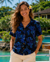 Short Sleeves Women Camp Hawaiian Blouse Navy