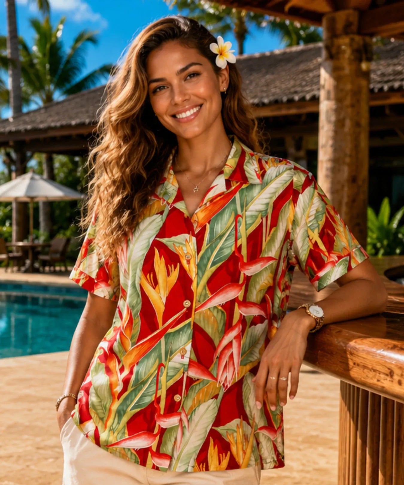 Heliconias Women's Rayon Camp Blouse Red