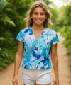 V-Neck Rayon Cap Sleeves Ladies Blouse Blue