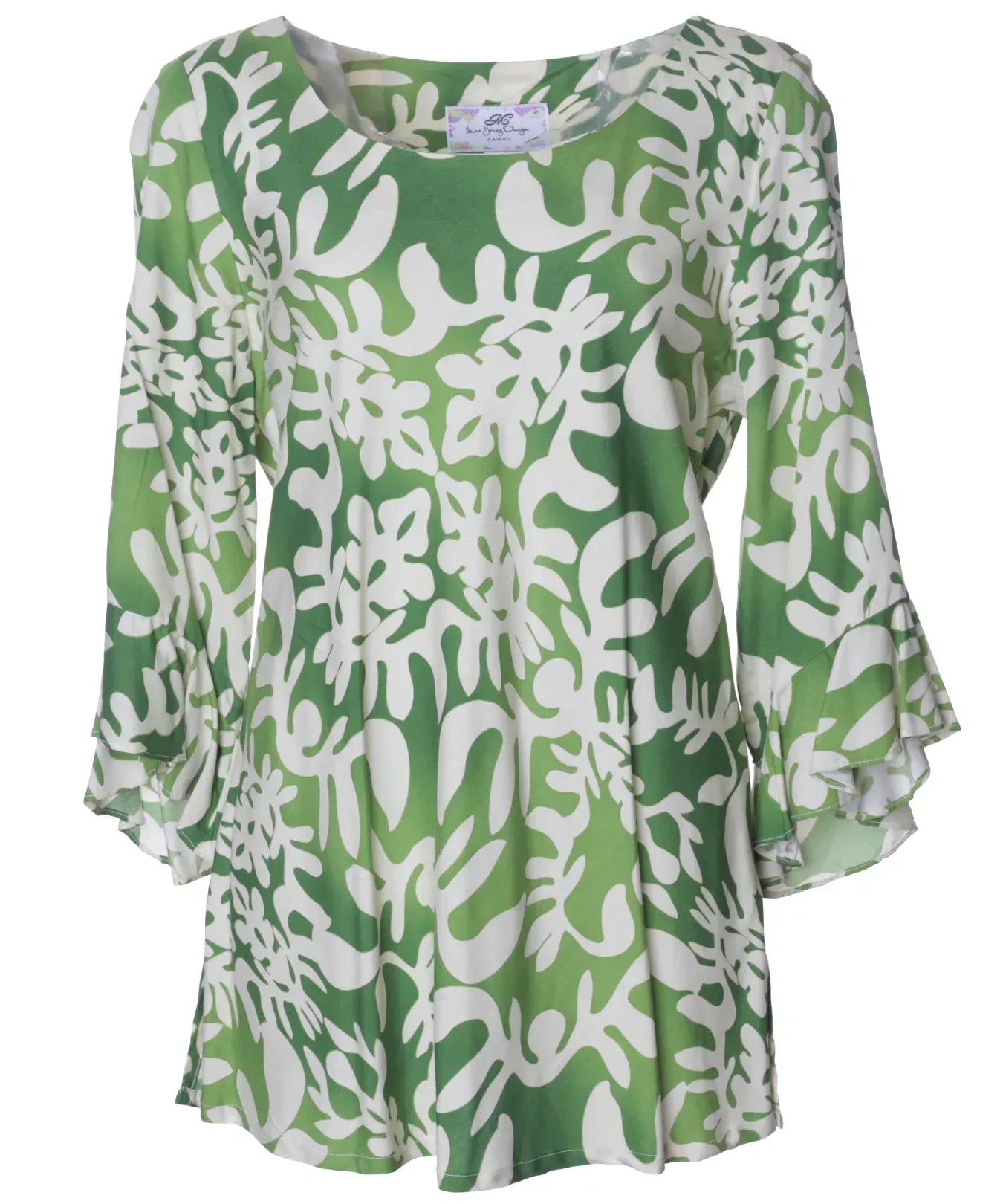 Round Neckline 3/4 Cascade Ruffle Bell Sleeves Blouse