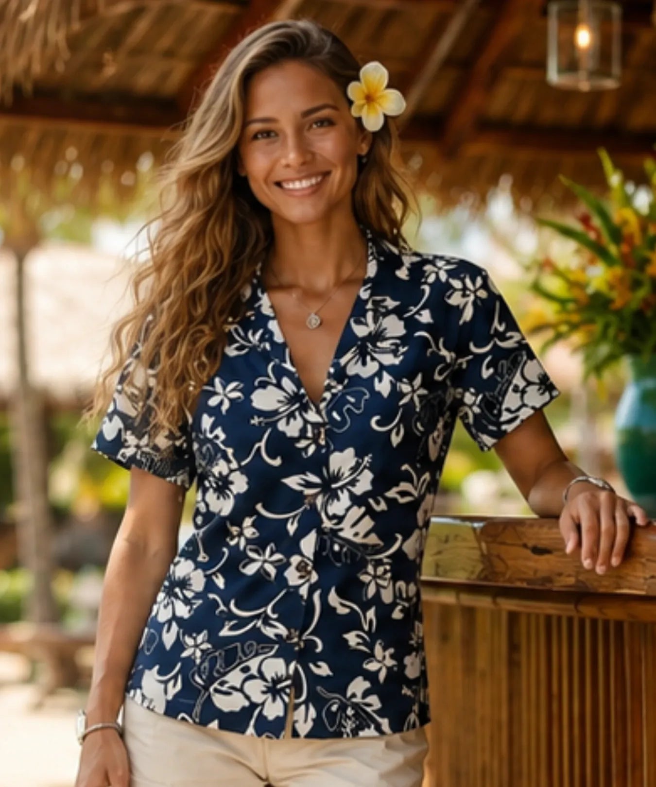 Women Classic Hibiscus Pareo Camp Aloha Shirt Navy