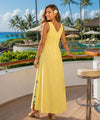 Back of Alika Long Maxi Sleeveless Yellow Hawaiian Dress