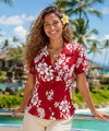 Aloha Fitted Blouse Tropical White Hibiscus Red