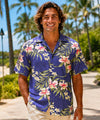 Short Sleeves Pali Orchid Hawaii Island Rayon Shirt Royal Blue