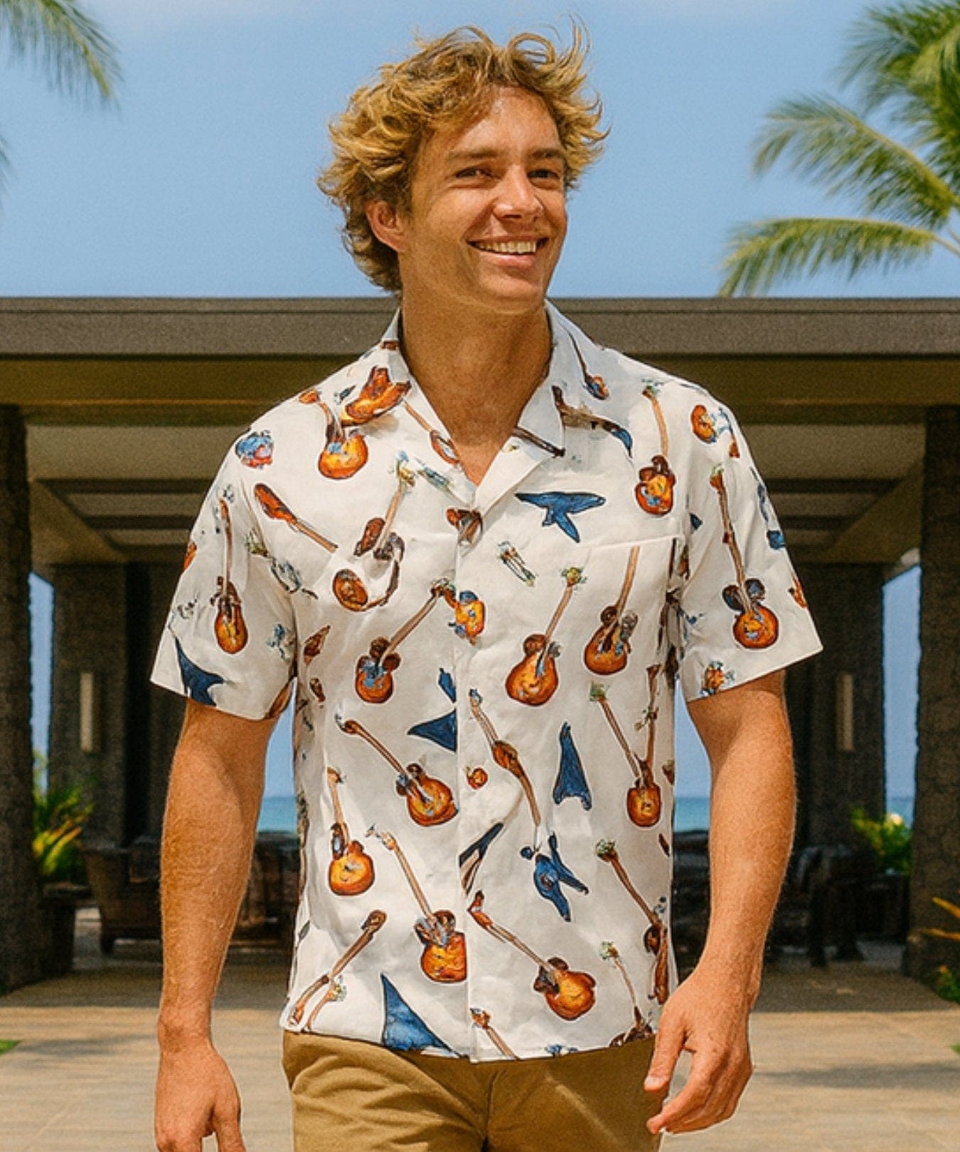 Short Sleeves Guitars Cotton Men's Aloha Shirt White