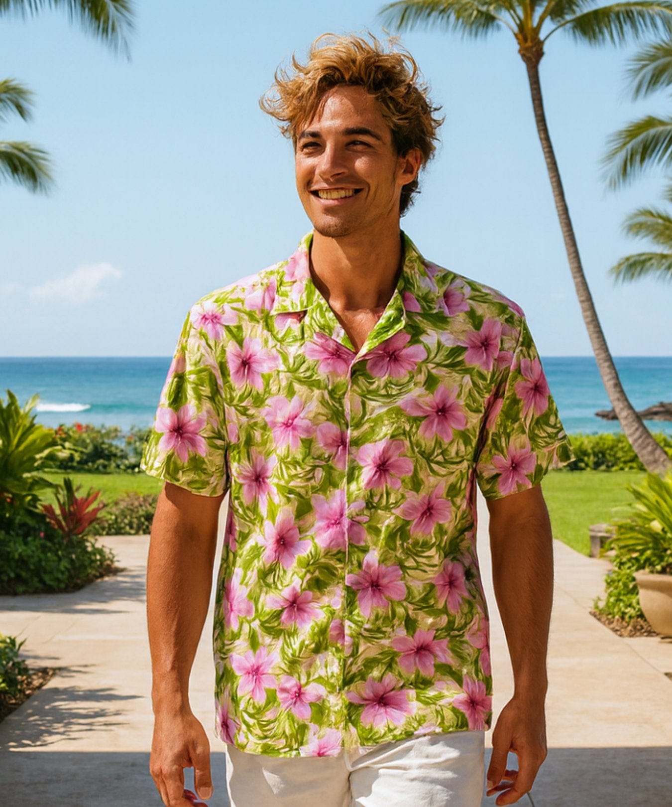 Big Island Men's Aloha Shirt Pink