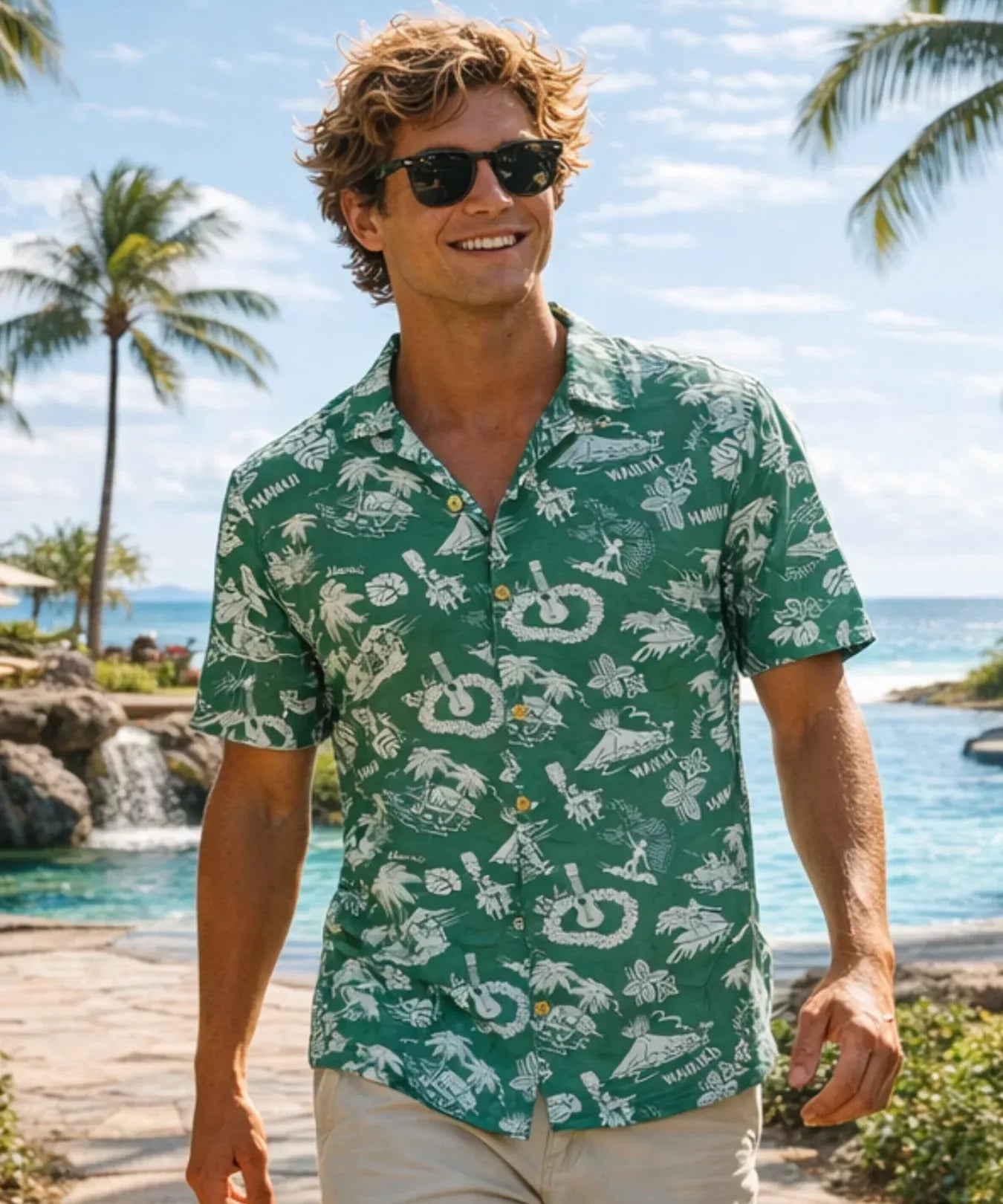 Waikiki Rayon Men's Hawaiian Shirt Sage