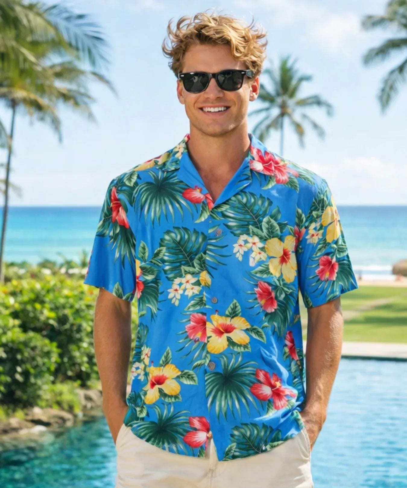 Rayon Relaxed Fit Hibiscus Aloha Shirt Blue