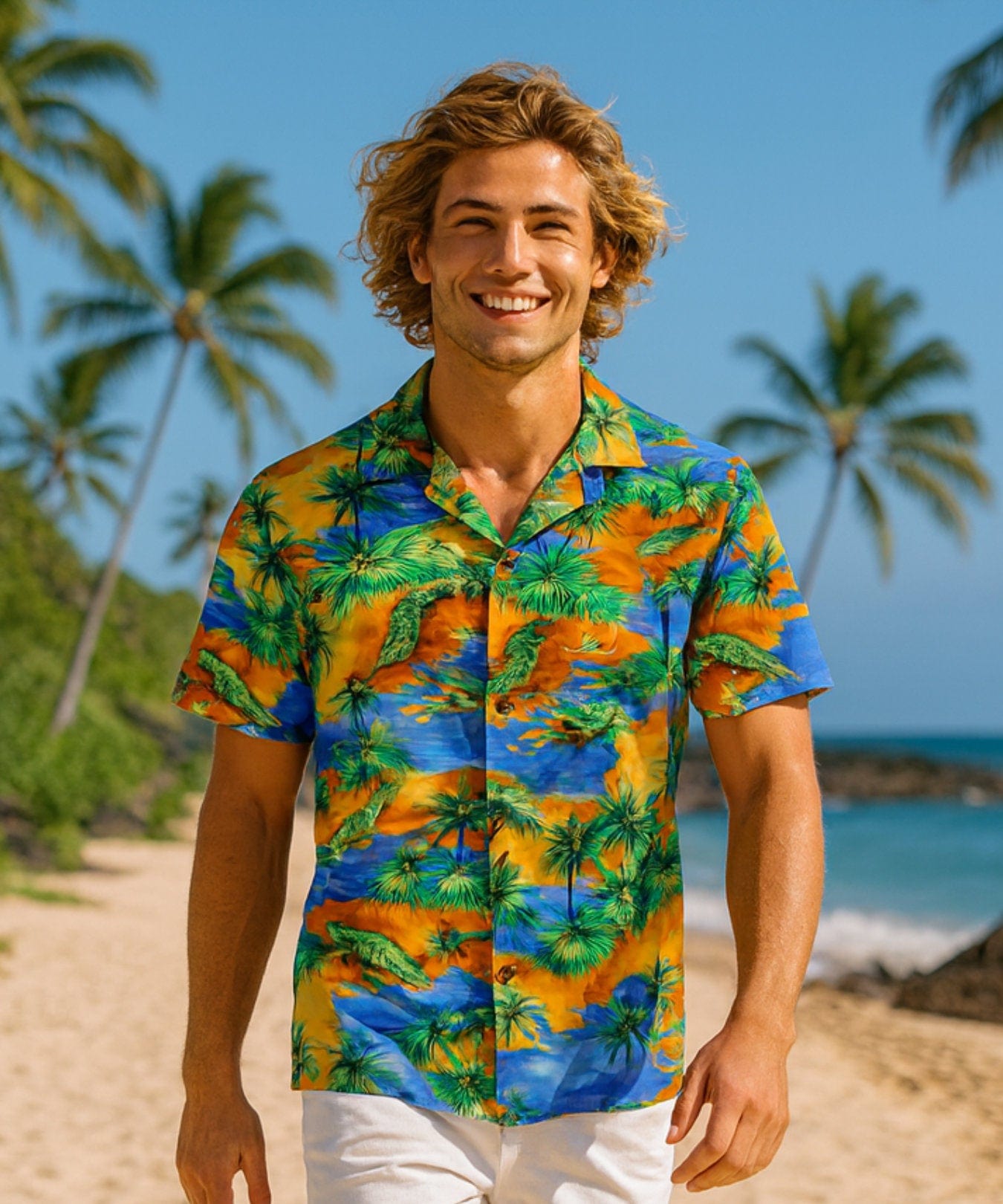 Tandy Dandy Men Cotton Blue Aloha Shirt Blue