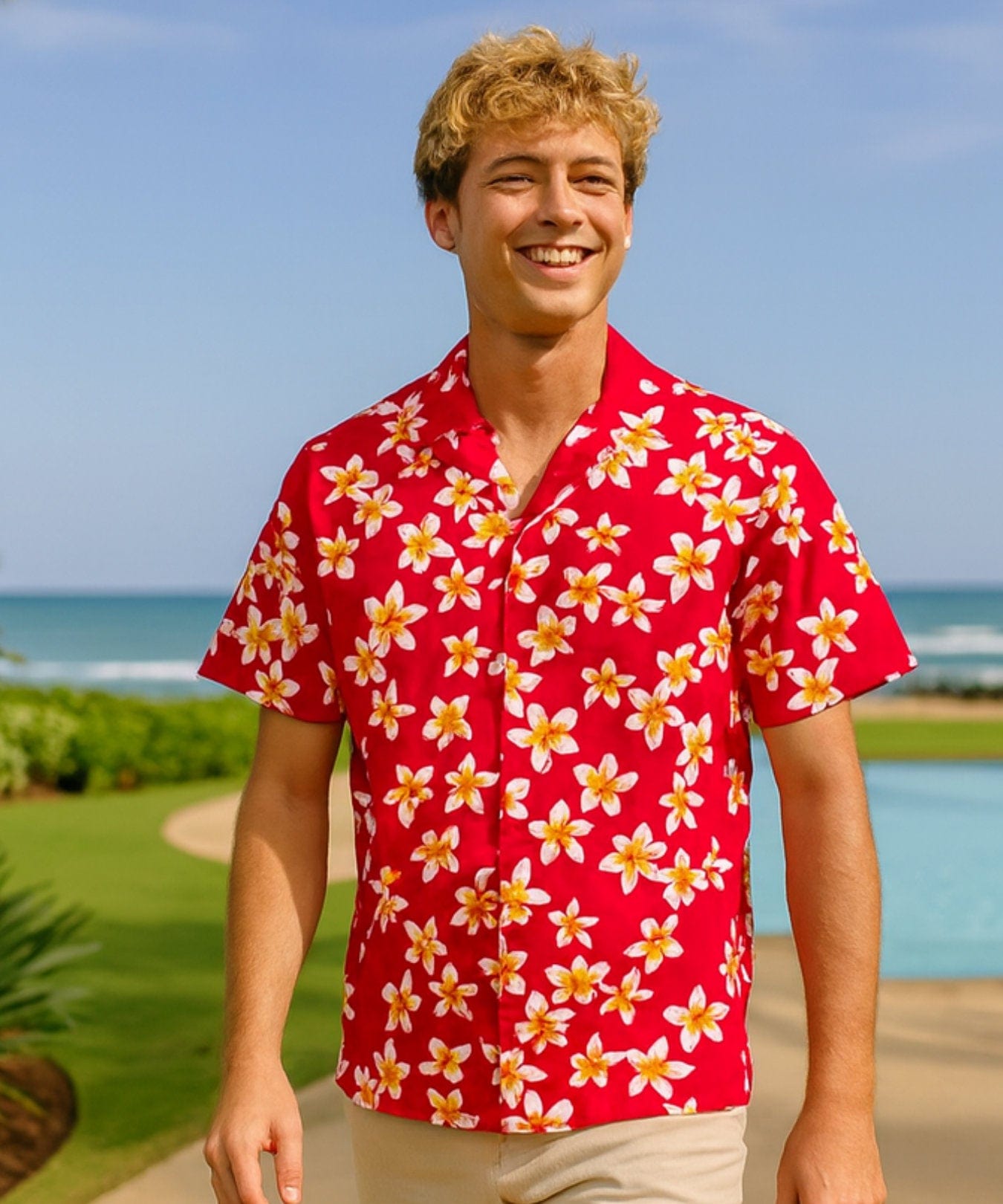 Plumeria Men's Cotton Aloha Shirt Pink