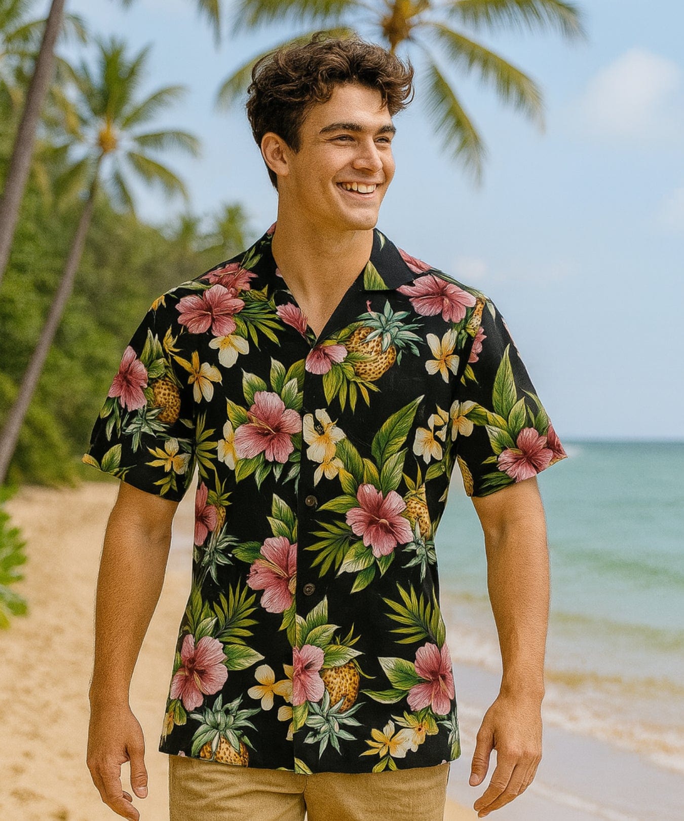 Short Sleeves Lanai Pineapple Cotton Men's Shirt Black