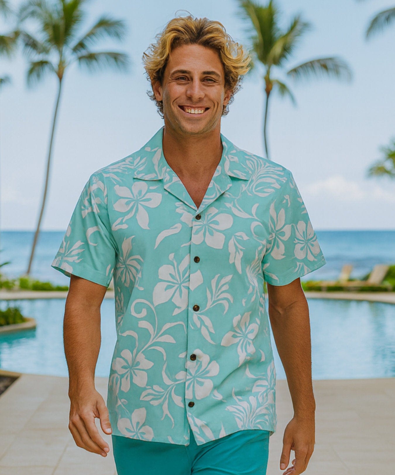 Short Sleeves Resort Cotton Men's Aloha Shirt Aqua