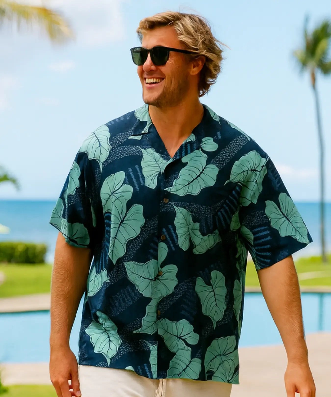 Short Sleeve Big Taro Leave Navy Aloha Shirt Navy 6XL