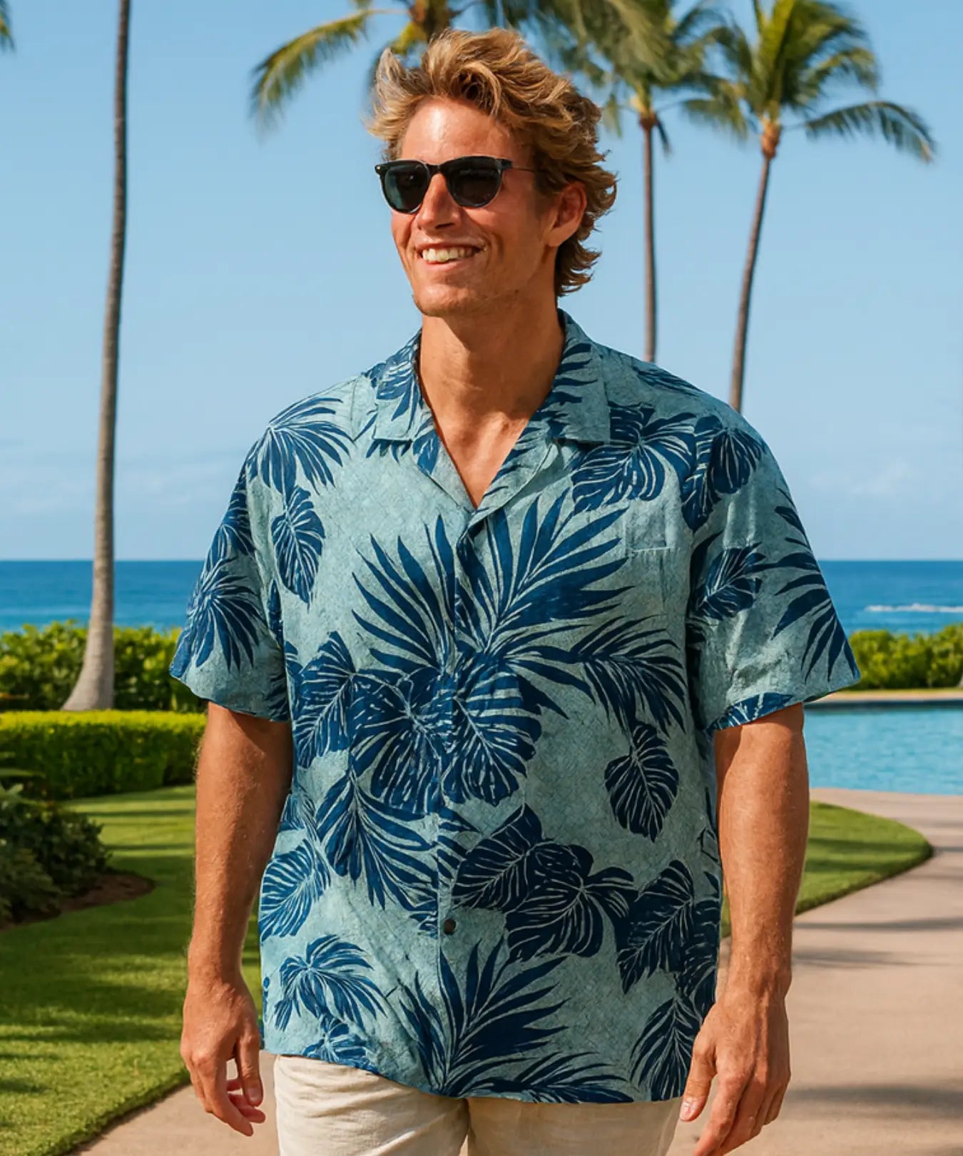 Monstera Palm Short Sleeve Big Plus Blue Aloha Shirt Blue 6XL