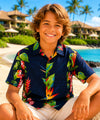 Boy's Short Sleeves Birds of Paradise Panel Aloha Shirt Navy