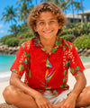 Boy's Short Sleeves Birds of Paradise Panel Aloha Shirt Red