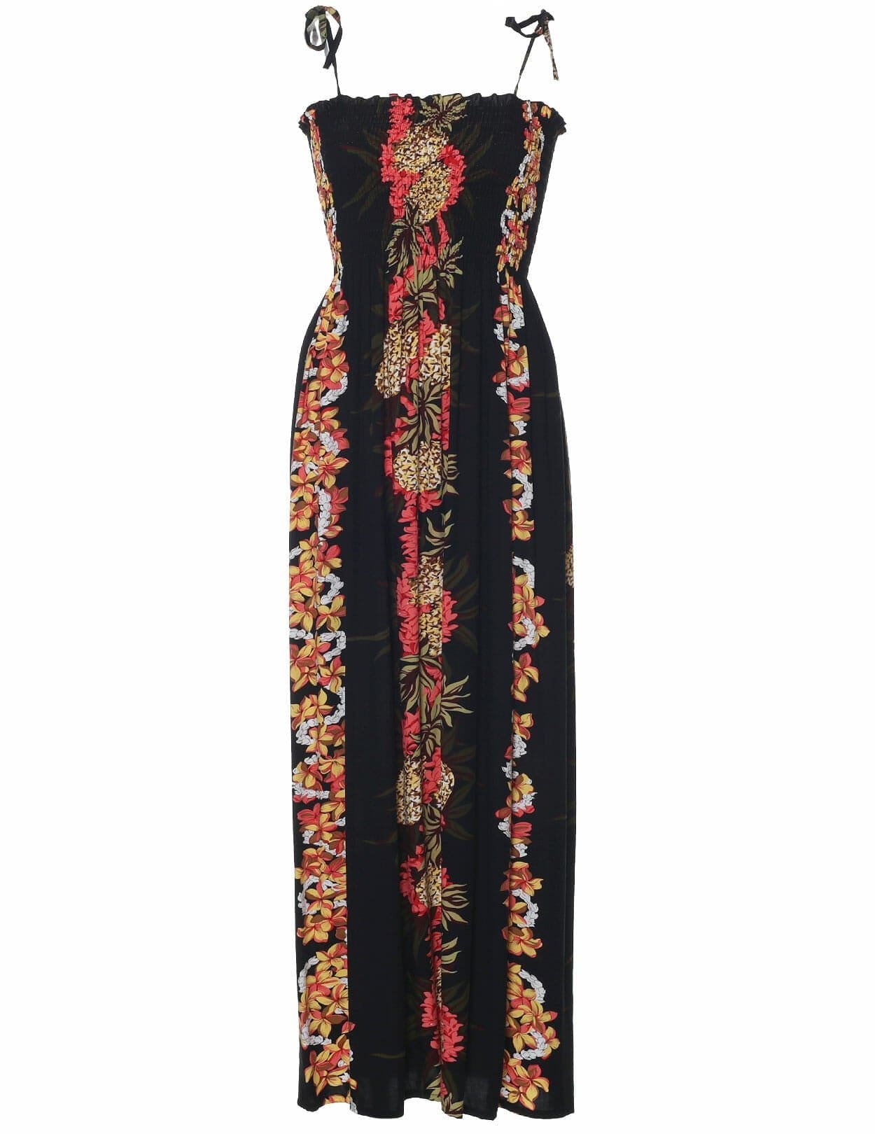 Black Pineapple Panel Long Maxi Smock Hawaiian Dress