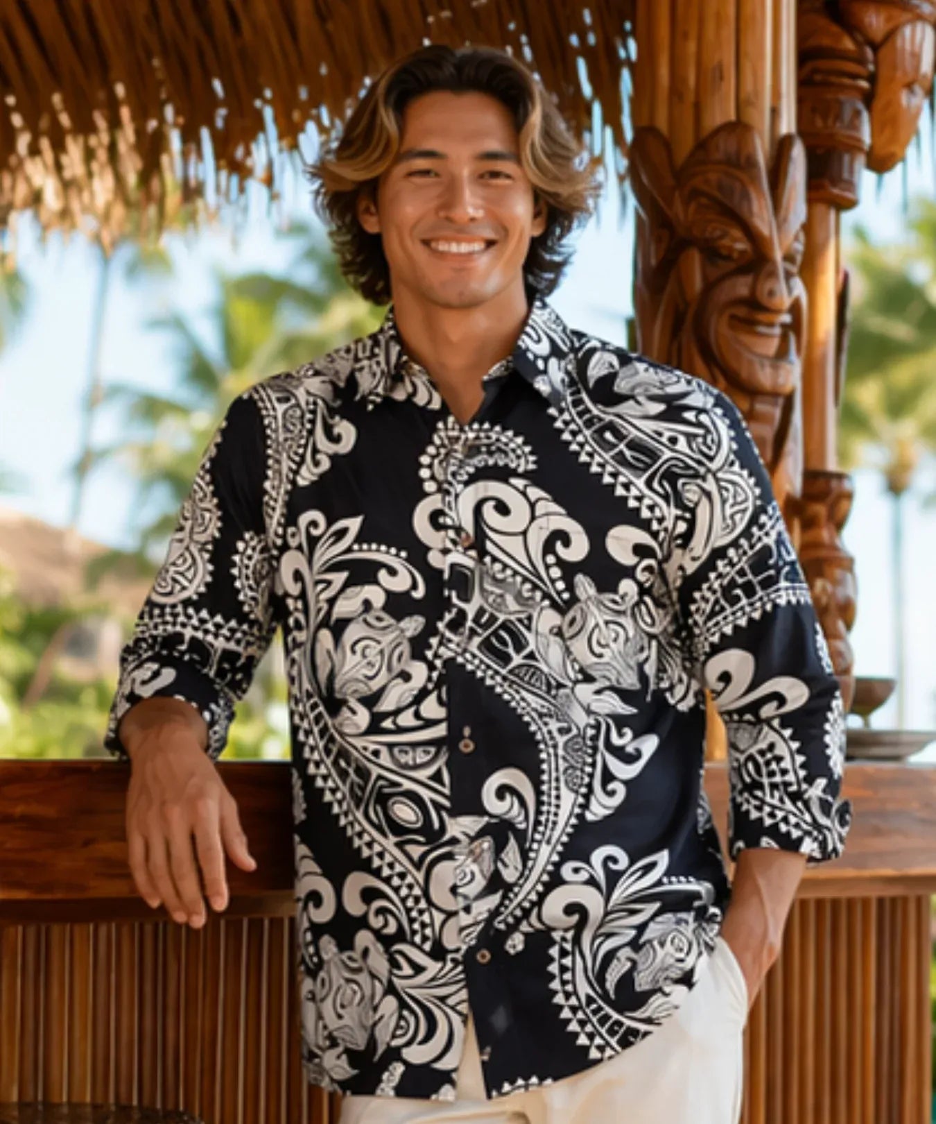 Polynesian 3/4 Sleeves Cotton Tribal Shirt Black