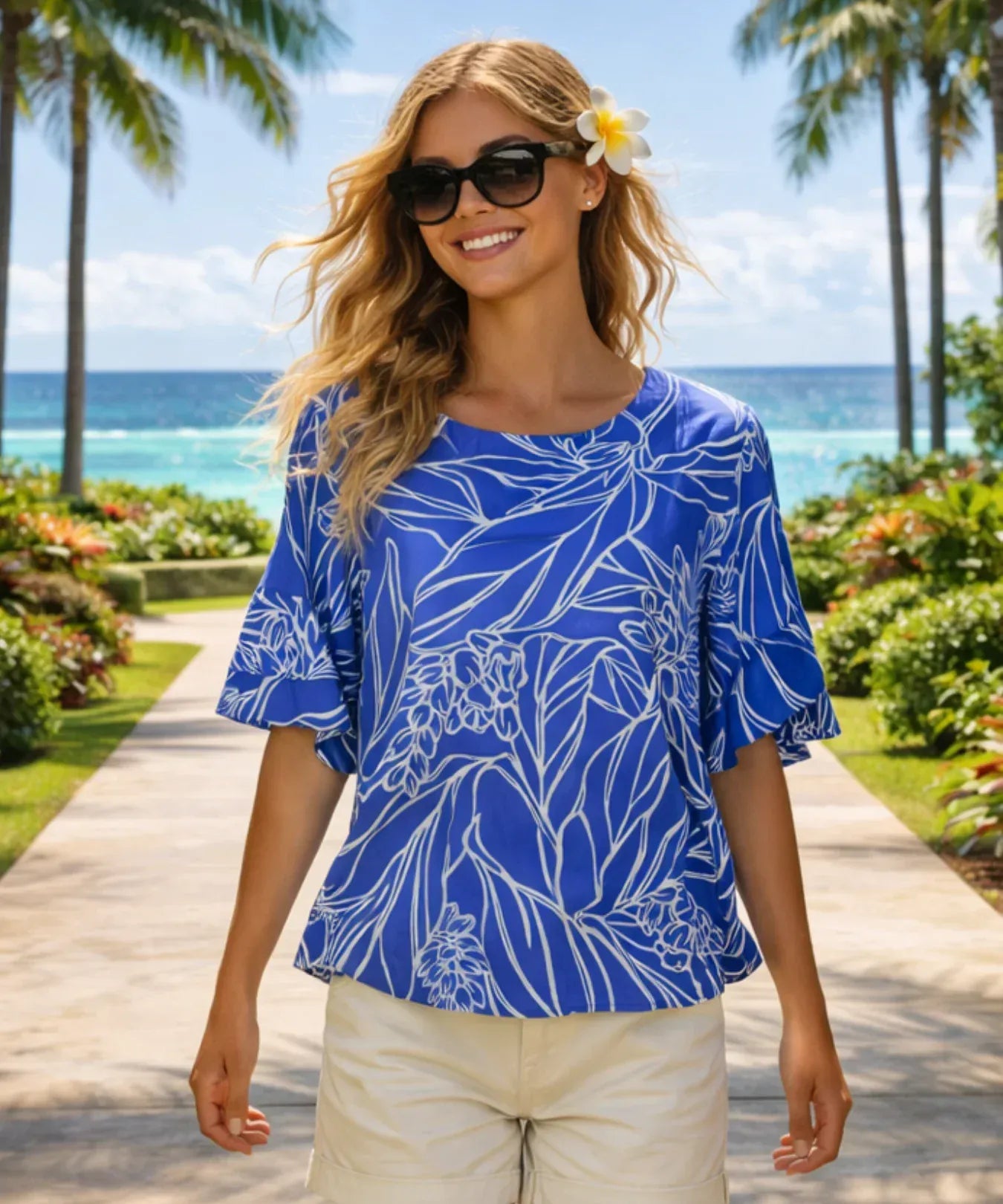 Camp Double Ruffle Layered Sleeves Plus Size Blouse Blue