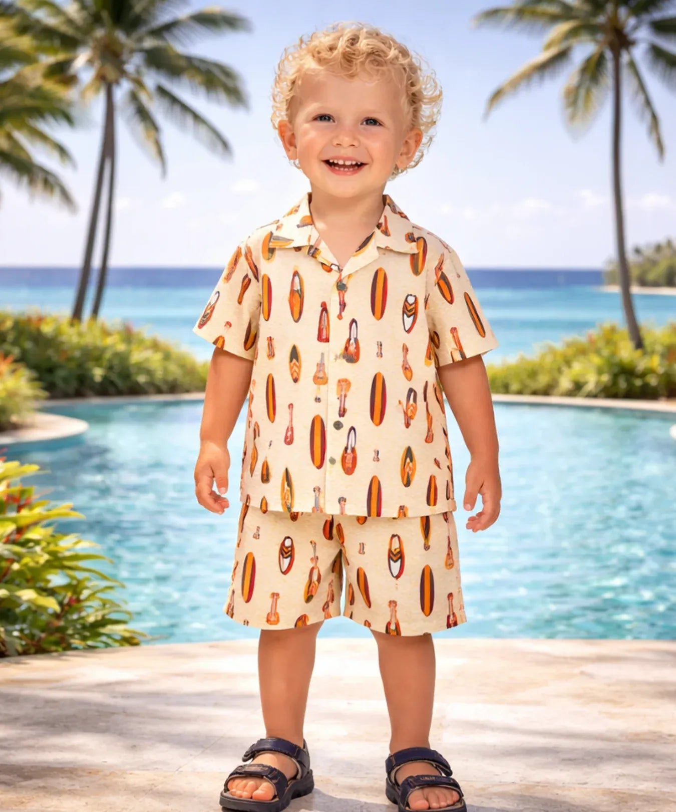 Little boy's Cabana Set Aloha Shirt and Shorts Beige