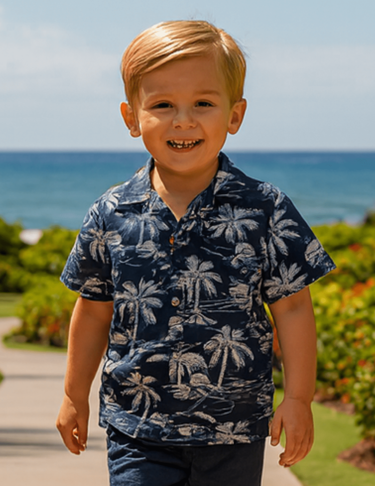Moon Sailing Tropical Boys Aloha Shirt Navy