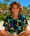 Parrots Black Cotton Boys Hawaiian Shirt Black