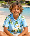 Light Blue Plumeria Cotton Boy Aloha Shirt Light Sky Blue