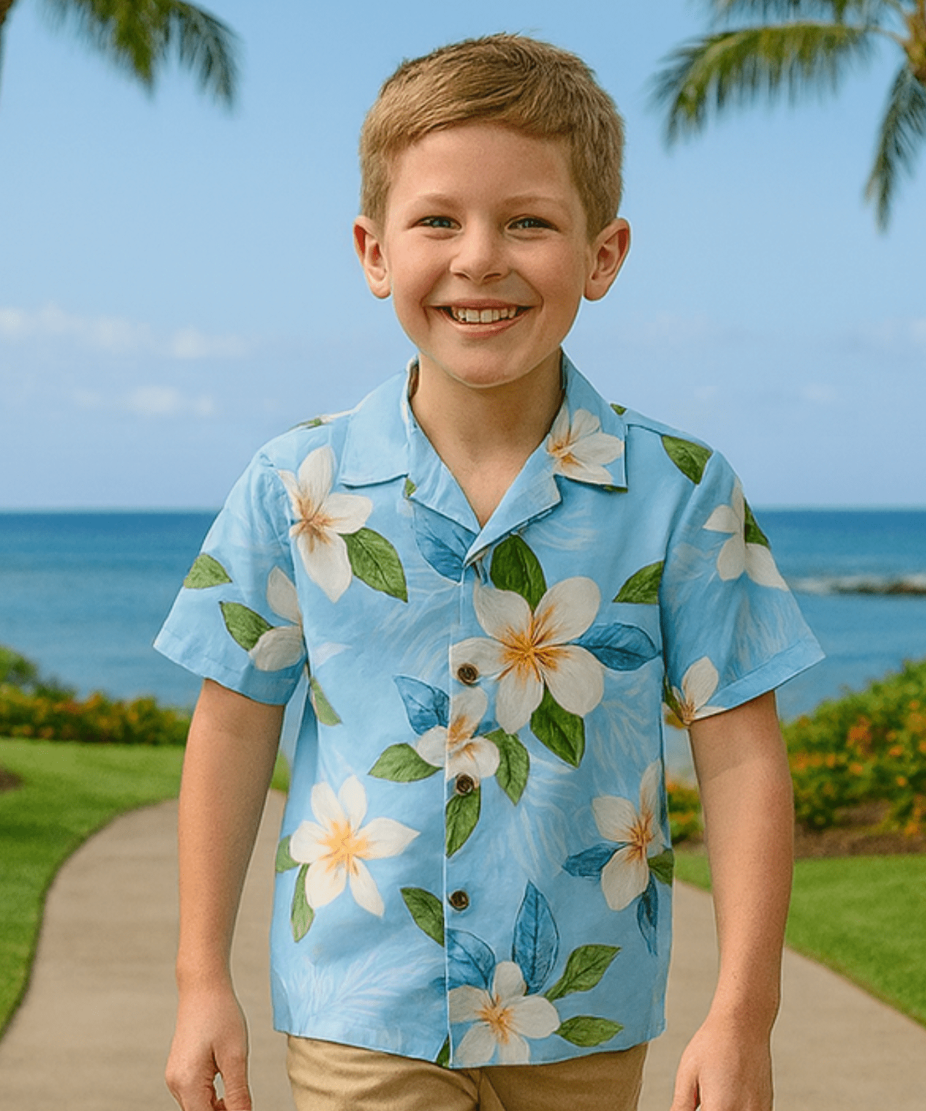 Light Blue Plumeria Cotton Boy Aloha Shirt Light Sky Blue