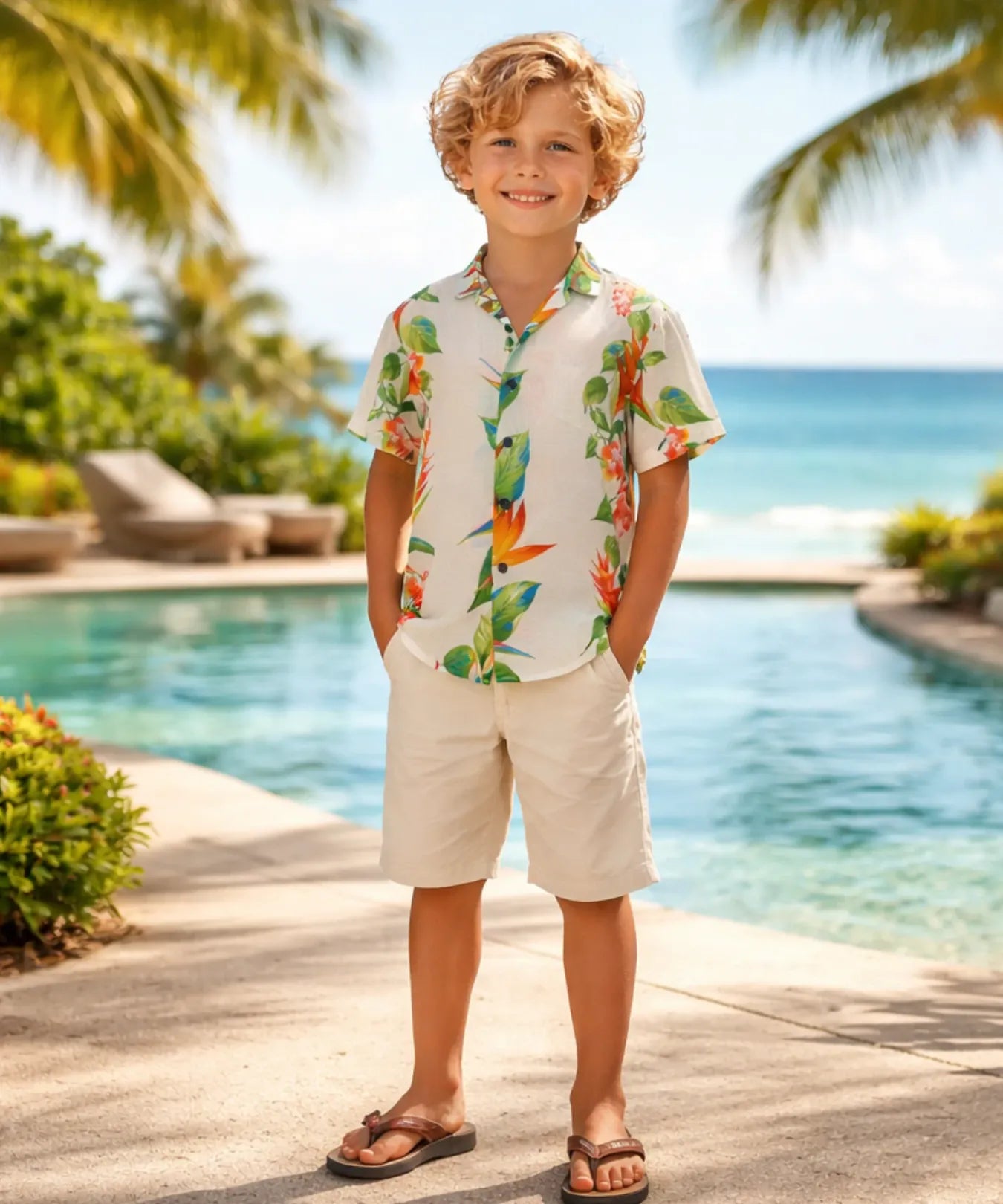 Boy's Short Sleeves Birds of Paradise Panel Aloha Shirt White