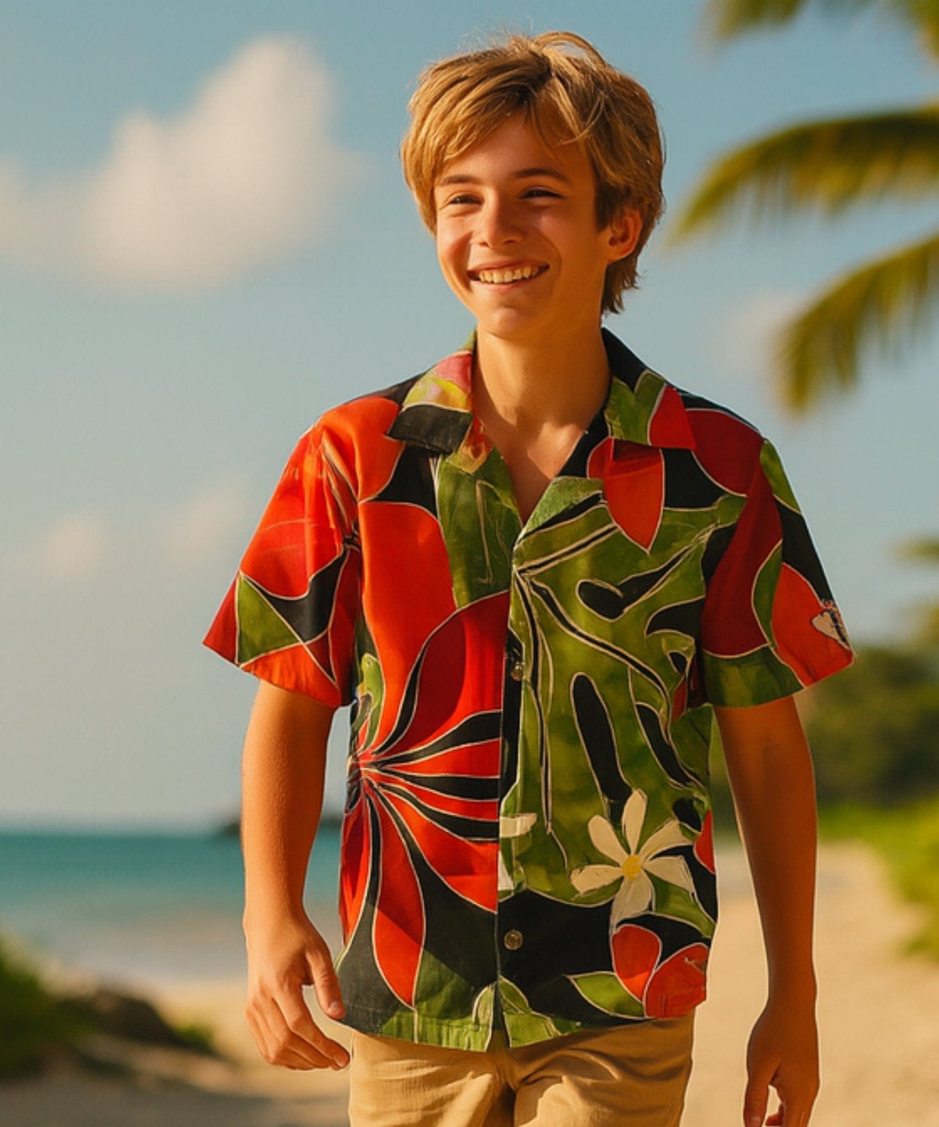 Boys Open Pointed Collar Rayon Aloha Shirt Black